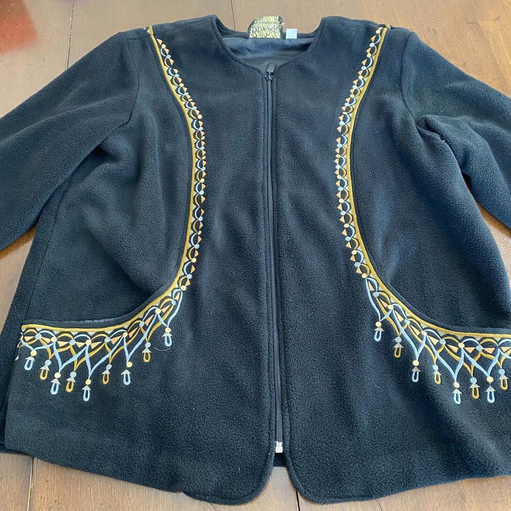 Bob Mackie Fleece Jacket Womens Large Black Embroidered Long Sleeve Full Zip